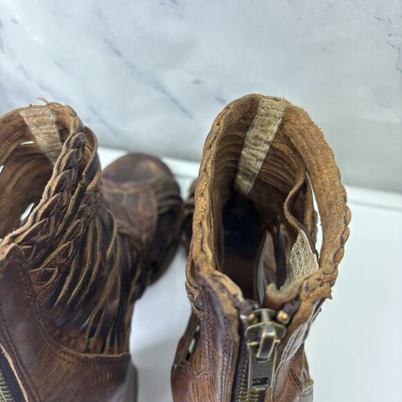 Freebird Booties Heel Bela braided laser cut brown leather Sz 8 Boho Westen - Picture 16 of 16